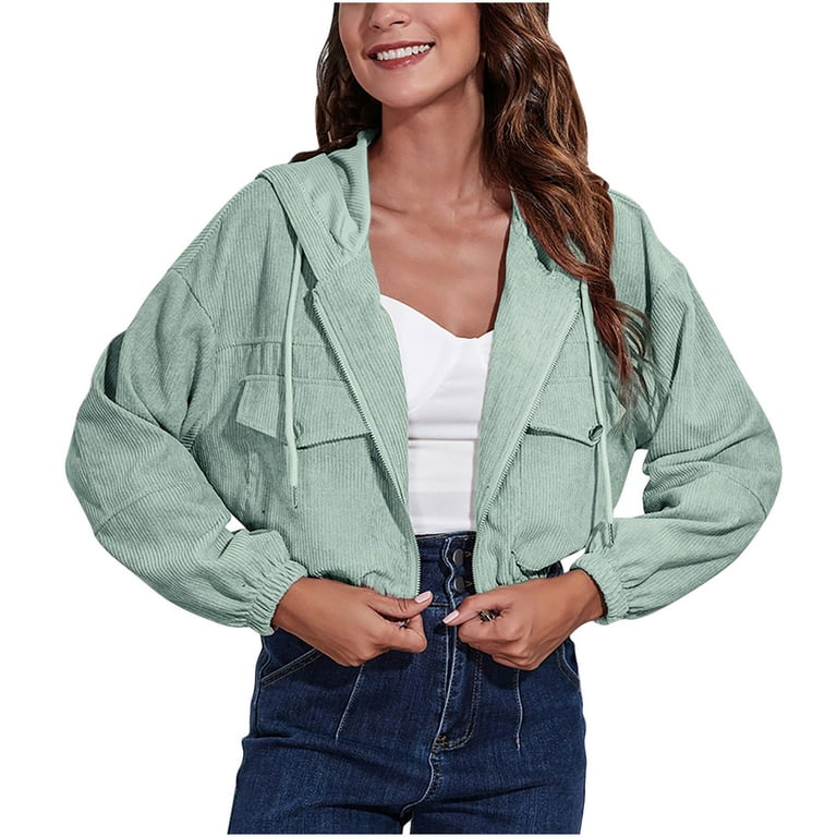 tklpehg Jackets for Women Fall Winter Zipper Hooded Corduroy Short Jacket Overcoat Loose Leisure Fall Coat Solid Color Long Sleeve Outwear Mint Green
