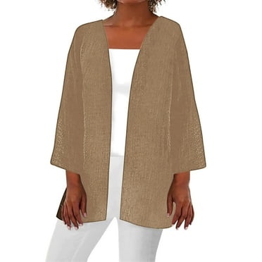 tklpehg Light Weight Cardigan Women Summer Loose Cover Up Blouse Tops Fall Coat Leisure Overcoat Solid Color 3/4 Sleeve Blouses Khaki L