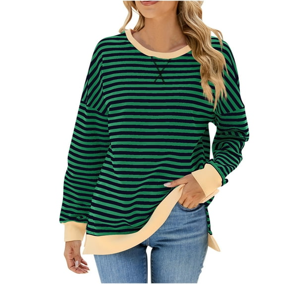 tklpehg Lightweight Sweatshirt Women Loose Striped Going Out Tops Casual Long Sleeve Vintage Sweatshirt Crewneck Pullover (Army Green,L)