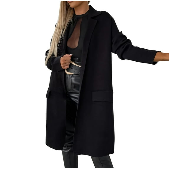 tklpehg Long Coat for Women Temperament Long Coat Solid Color Long Sleeve Winter Warm Jacket Lapel Loose Casual Overcoat (Black,L)