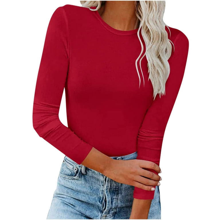 tklpehg Long Sleeve Going Out Tops for Women Long Sleeve Tops Crewneck  Spring Tops Leisure Solid Color Pullover Tops Lightweight Slim Fit Blouse  Red XXL 