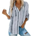 thumbnail image 1 of tklpehg Long Sleeve Shirts for Women Fall Blouse Tops Casual Comfy Loose Fit Lapel Roll Up Sleeve Single Breasted Tunic Shirts Button Striped Print Trendy Tops Gray S, 1 of 9