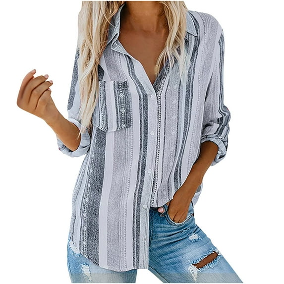 tklpehg Long Sleeve Shirts for Women Fall Blouse Tops Casual Comfy Loose Fit Lapel Roll Up Sleeve Single Breasted Tunic Shirts Button Striped Print Trendy Tops Gray S