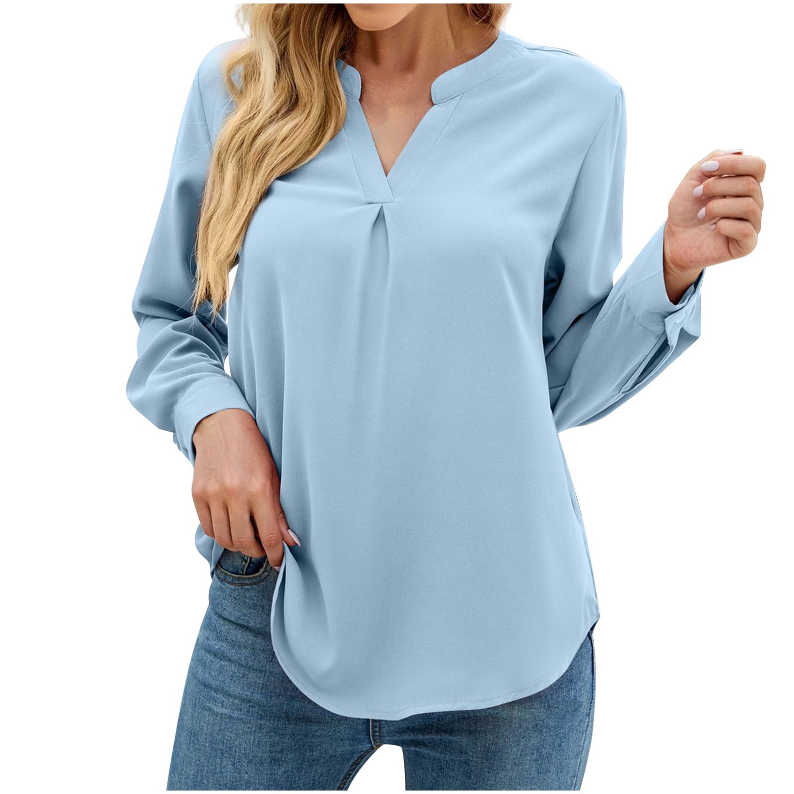 tklpehg Long Sleeve Shirts for Women Ladies Tops Long Sleeve Shirts Classic  Solid Colors Comfortable Casual V-Neck Lightweight Loose Fit Blouse