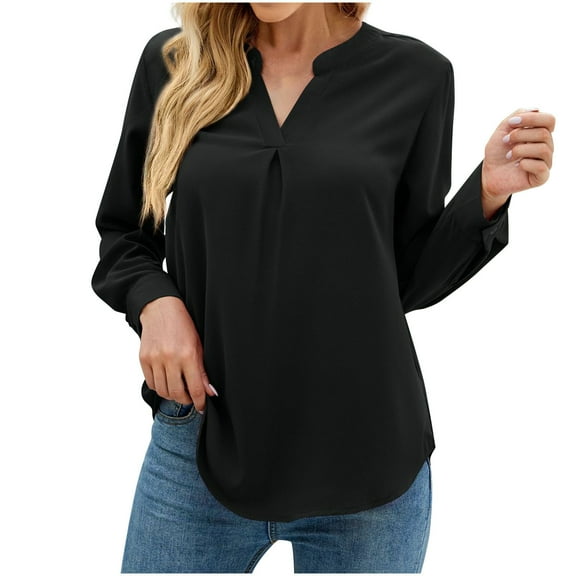tklpehg Long Sleeve Shirts for Women Ladies Tops Long Sleeve Shirts Classic Solid Colors Comfortable Casual V-Neck Lightweight Loose Fit Blouse Pullover Shirts Black XXL