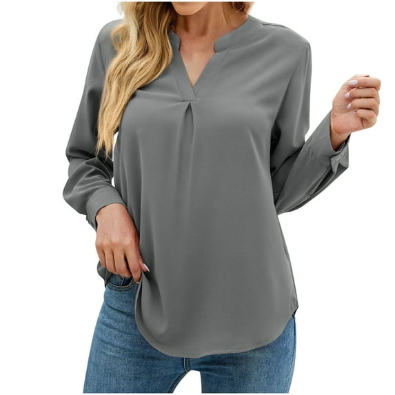 tklpehg Long Sleeve Shirts for Women Ladies Tops Long Sleeve Shirts Classic Solid Colors Comfortable Casual V-Neck Lightweight Loose Fit Blouse Pullover Shirts Gray M