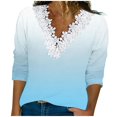 thumbnail image 1 of tklpehg Long Sleeve Shirts for Women Lightweight V-Neck Crochet Lace Trim Gradient Color Casual Loose Going Out Tops Tunic Tops Blouses (Light Blue,S), 1 of 5
