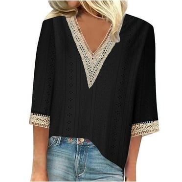 tklpehg Long Sleeve Shirts for Women V-Neck Crochet Lace Trim Going Out Tops Fall Clothes Solid Color Comfortable Leisure Womens Clothes Blouses Pullover Black M