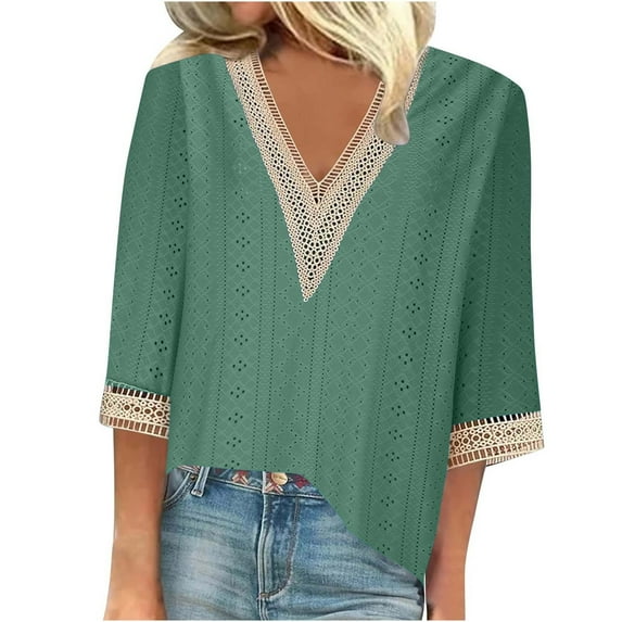 tklpehg Long Sleeve Shirts for Women V-Neck Crochet Lace Trim Going Out Tops Fall Clothes Solid Color Comfortable Leisure Womens Clothes Blouses Pullover Green S