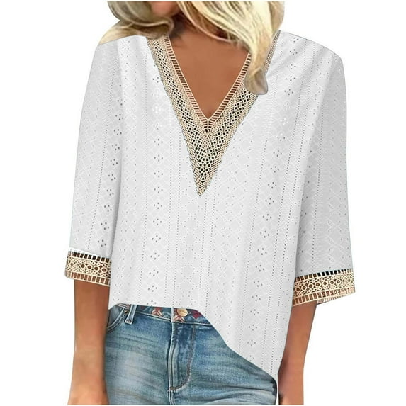 tklpehg Long Sleeve Shirts for Women V-Neck Crochet Lace Trim Going Out Tops Fall Clothes Solid Color Comfortable Leisure Womens Clothes Blouses Pullover White L