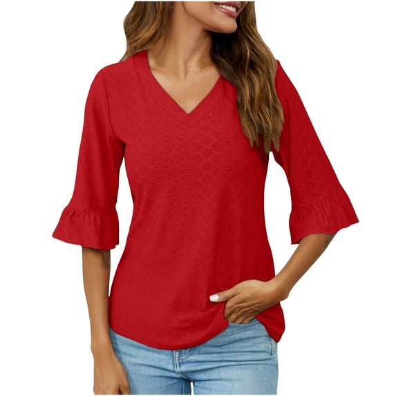 tklpehg Long Sleeve Shirts for Women V-Neck Flared Mid-length Tops Going Out Tops Fall Clothes Leisure Comfortable Solid Color Womens Clothes Pullover Red XXL