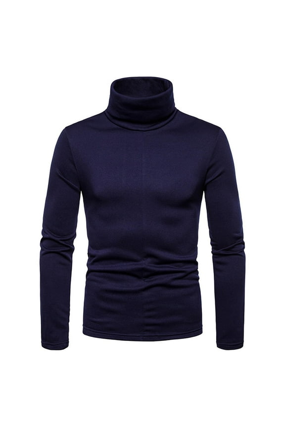 Long Sleeve Shirts for Men Casual Trendy Solid Turtleneck Casual Slim Fit Pullover Warm T-shirt Bottoming Shirt Navy L