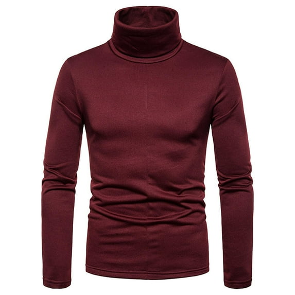 tklpehg Long Sleeve Shirts for Men Casual Trendy Solid Turtleneck Casual Slim Fit Pullover Warm T-shirt Bottoming Shirt Wine M