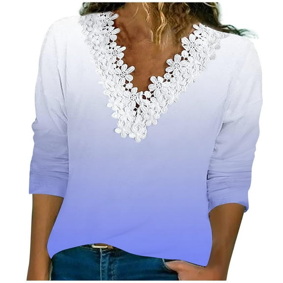 tklpehg Long Sleeve Shirts for Women Lightweight V-Neck Crochet Lace Trim Gradient Color Casual Loose Going Out Tops Tunic Tops Blouses (Blue,XL)