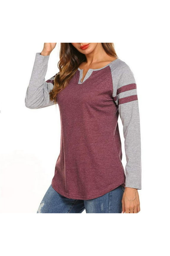 Long Sleeve Shirts for Women V-Neck T-Shirts Fall Clothes Leisure Color Block Going Out Tops Comfortable Womens Clothes Pullover Brown S