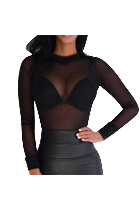 Long Sleeve Shirts for Womens Casual Slim Basic Shirt Stretch Tight See-through Transparent Ultra Thin Gauze Base Top Black M