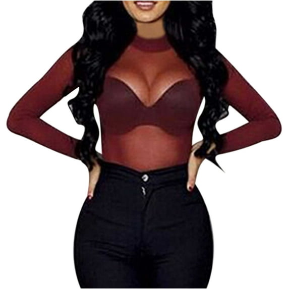 tklpehg Long Sleeve Shirts for Womens Casual Slim Basic Shirt Stretch Tight See-through Transparent Ultra Thin Gauze Base Top Red XL
