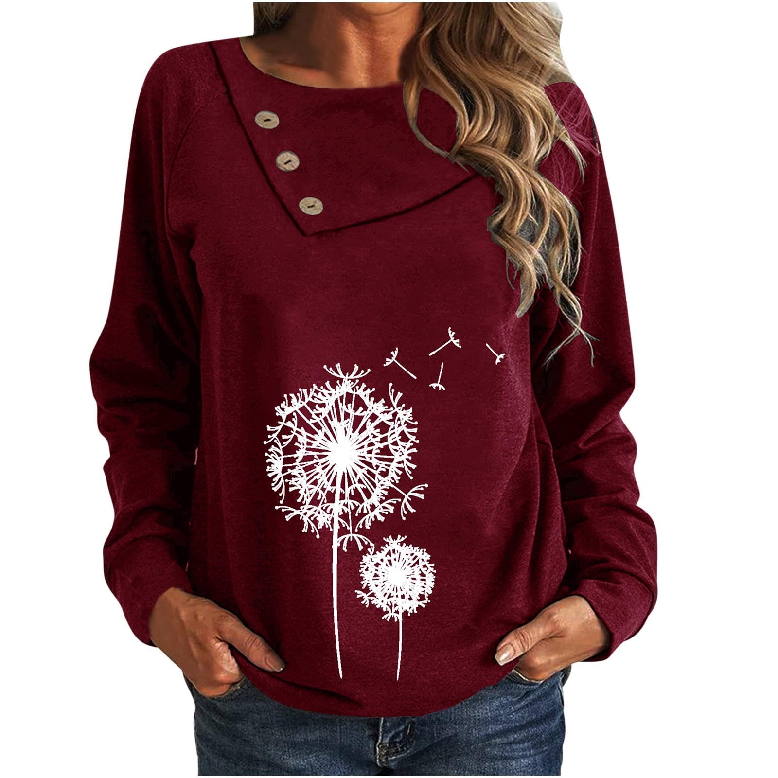 tklpehg Long Sleeve T Shirts for Women Trendy Dandelion Print Loose