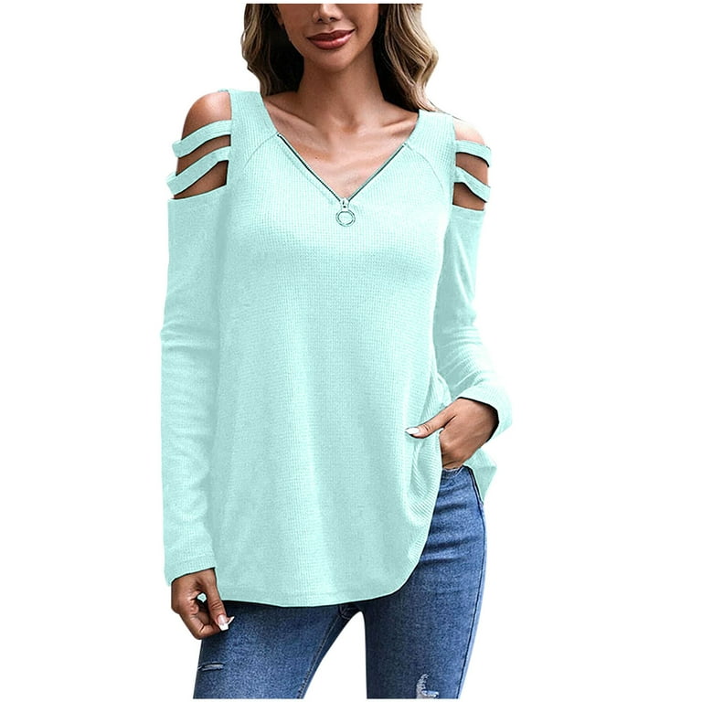 tklpehg Long Sleeve Tee Shirts for Women Baggy Comfortable Blouses Pullover Tops Trendy Zipper V Neck Zipper Hollow Out Long Sleeve Tunic Tops Leisure