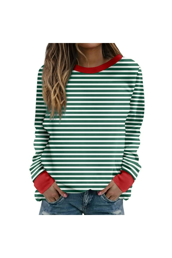 Long Sleeve Tee Shirts for Women Fall Sweatshirts Striped Round Neck Loose Graphic Tee Comfy Sweatshirts Fall Clothes Womens Tops(V01_ Red,XXXXXL)