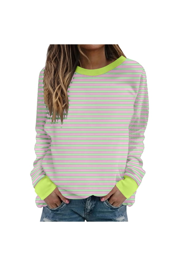 Long Sleeve Tee Shirts for Women Fall Sweatshirts Striped Round Neck Loose Graphic Tee Comfy Sweatshirts Fall Clothes Womens Tops(V01_ Pink,XL)