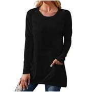 TKLPEHG Long Sleeve Tee Shirts for Women Long Sleeve Shirts Loose Lightweight Blouse Ladies Tops Solid Color Fall Casual Crewneck Tunic Shirts Tunic Tops Black L