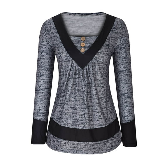 tklpehg Long Sleeve Tee Shirts for Womens Baggy Comfortable Blouses Pullover Tops Trendy Solid Color Fold Buttons V-Neck Long Sleeve Tunic Tops Fall Tops Leisure Gray XXXXXL