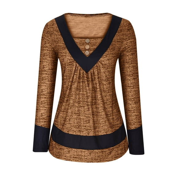 tklpehg Long Sleeve Tee Shirts for Womens Baggy Comfortable Blouses Pullover Tops Trendy Solid Color Fold Buttons V-Neck Long Sleeve Tunic Tops Fall Tops Leisure Orange S