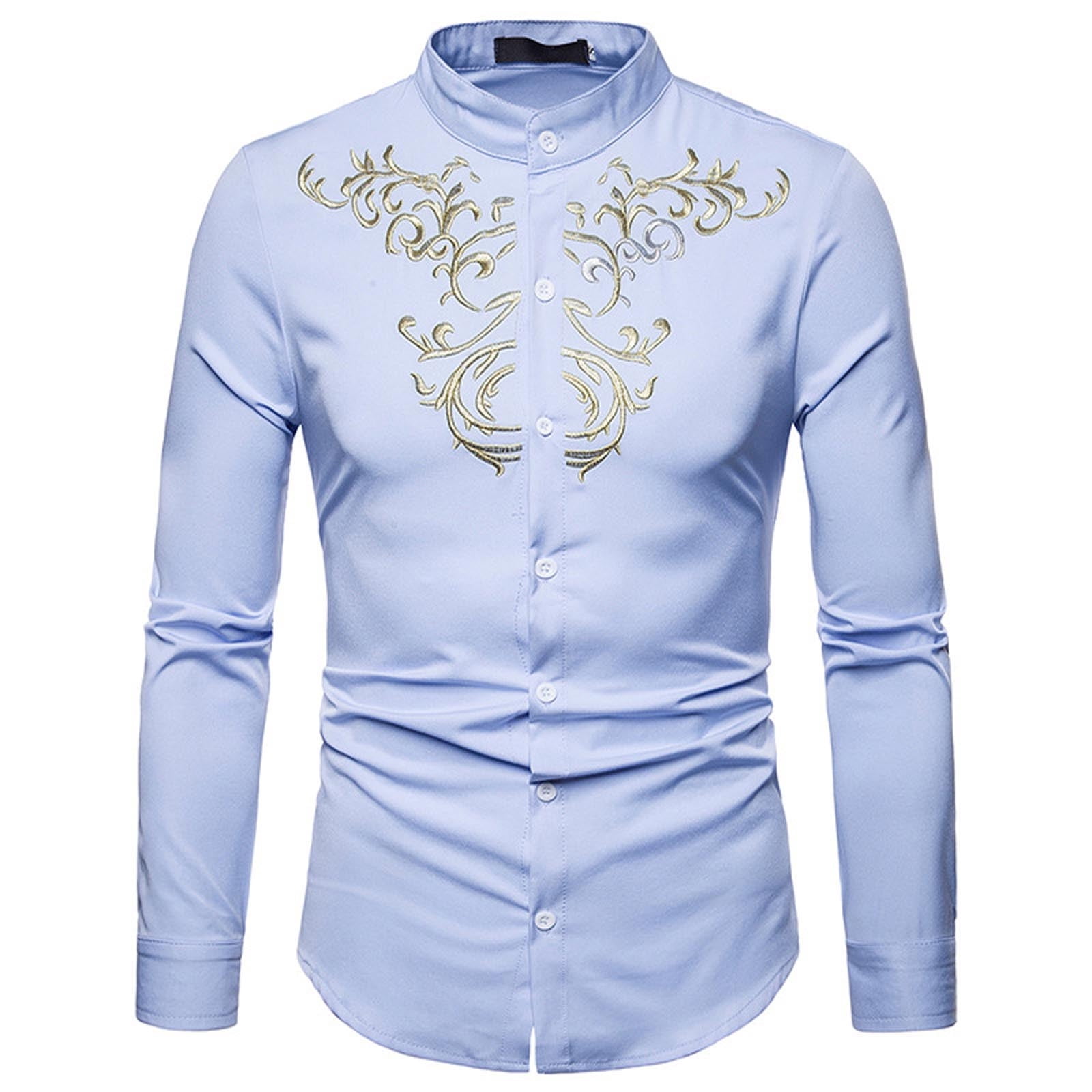 tklpehg Long Sleeve Tee Shirts for Men Casual Trendy Casual Floral  Embroidery Slim Fit Long Sleeve Band Collar Dress Shirts Light blue S