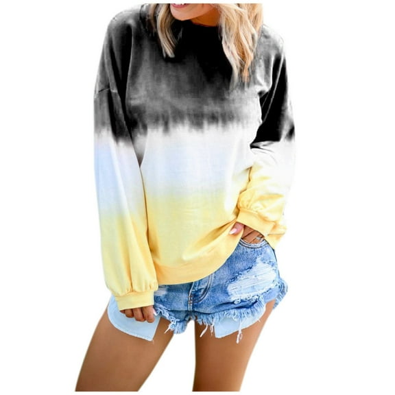tklpehg Long Sleeve Tops for Women Fall Ladies Tops Crewneck Tunic Tops Casual Loose Lightweight Blouse Long Sleeve Shirts Tie-Dye Gradient Tee Shirt Black XXL