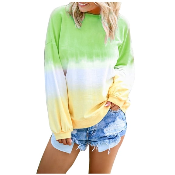 tklpehg Long Sleeve Tops for Women Fall Ladies Tops Crewneck Tunic Tops Casual Loose Lightweight Blouse Long Sleeve Shirts Tie-Dye Gradient Tee Shirt Green XXL