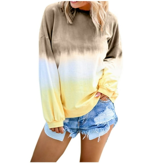 tklpehg Long Sleeve Tops for Women Fall Ladies Tops Crewneck Tunic Tops Casual Loose Lightweight Blouse Long Sleeve Shirts Tie-Dye Gradient Tee Shirt Khaki XXL