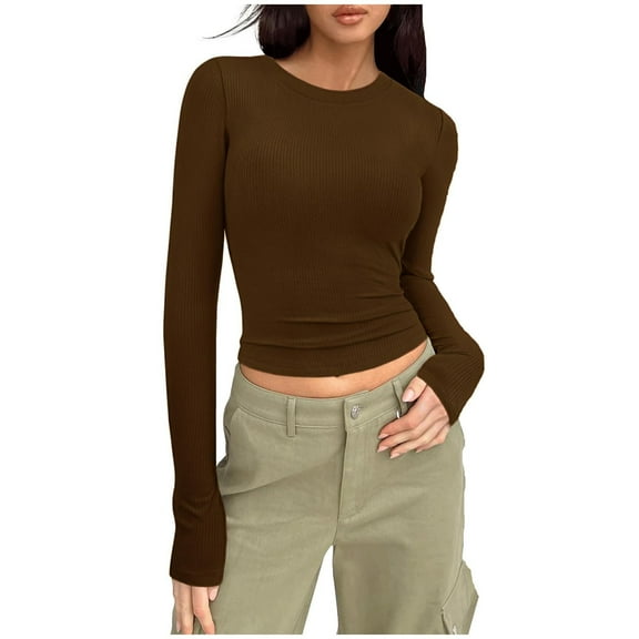 tklpehg Long Sleeve Tops for Women Lightweight Crewneck Classic Solid Color Casual Slim Tunic Tops Going Out Tops Blouses (Brown,M)