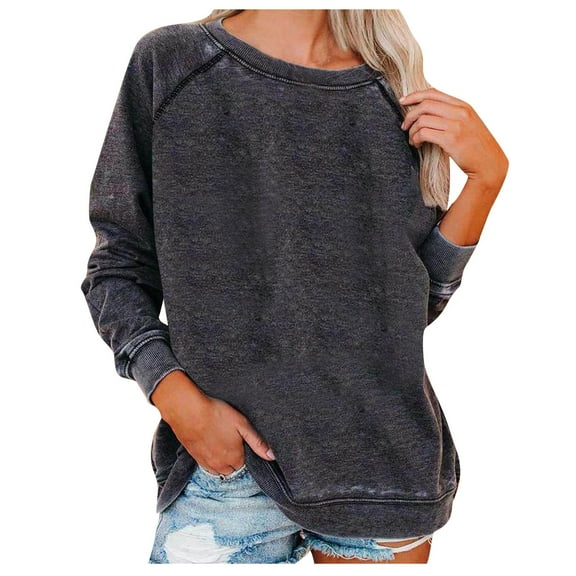 tklpehg Long Sleeve Workout Shirts for Women Raglan Long Sleeve Blouses Basic Tops for Womens Fall Tops Comfy Classic Solid Colors Casual Loose Fit Pullover Tops Round Neck Gray L