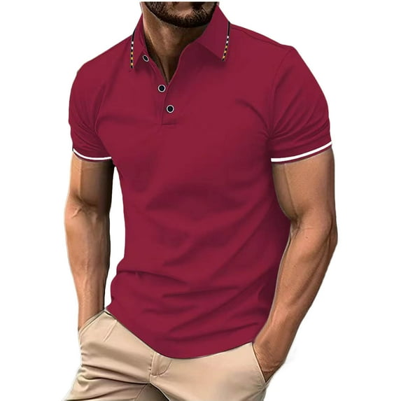 tklpehg Men's Golf Shirts Summer Button Lapel Short Sleeve Tshirts Casual Solid Color Slim Sprots Shirts Red S