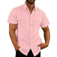 thumbnail image 1 of tklpehg Mens Button Down Short Sleeve Shirts Cotton Linen Lapel Dress Shirt Solid Color Double Pocket Summer Casual Shirts Pink XXL, 1 of 1