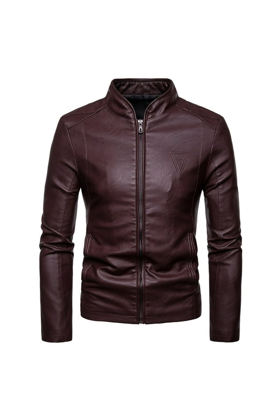 Mens Coat Casual Long Sleeve Leather Jacket Fashion Leather Plus Fleece Jacket Motorcycle Jacket Warm Leather Jacket Wine M