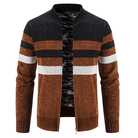 tklpehg Mens Coats and Jackets Long Sleeve Warm Coats Color Block Zipper Stand-Up Collar Fleece Knitted Sweater Jacket Fashion Fall Winter Clothes Casual Outerwear (Brown,L)