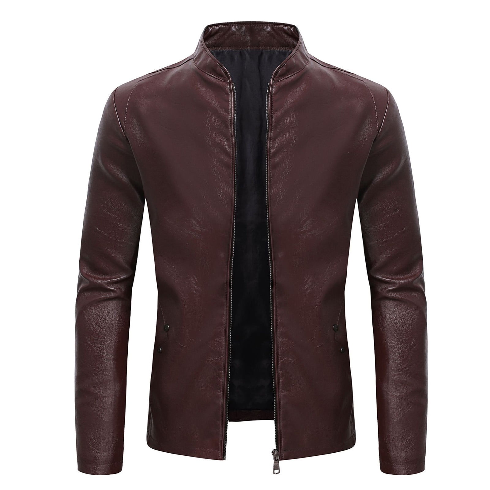 tklpehg Mens Jackets Warm Thick Leather Jacket Zipper Stand-up Collar Vintage Jacket Comfy Loose Long Sleeve Retro Casual Winter Warm Jacket Outerwear (Wine,L)