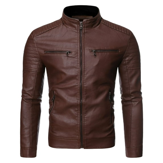 tklpehg Mens Long Sleeve Jacket Casual Leather Jacket Winter Casual Stand Collar Motorcycle Leather Jacket Coat Coffee XXXXL