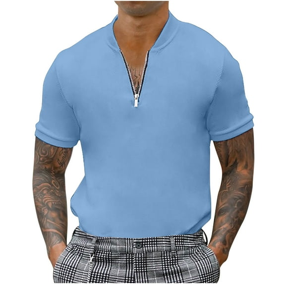 tklpehg Mens Shirts Short Sleeve Summer Basic Tops Classic Solid Color Shirts Casual Slim Fit Tops Business V-Neck Zipper T Shirt (Sky Blue,S)