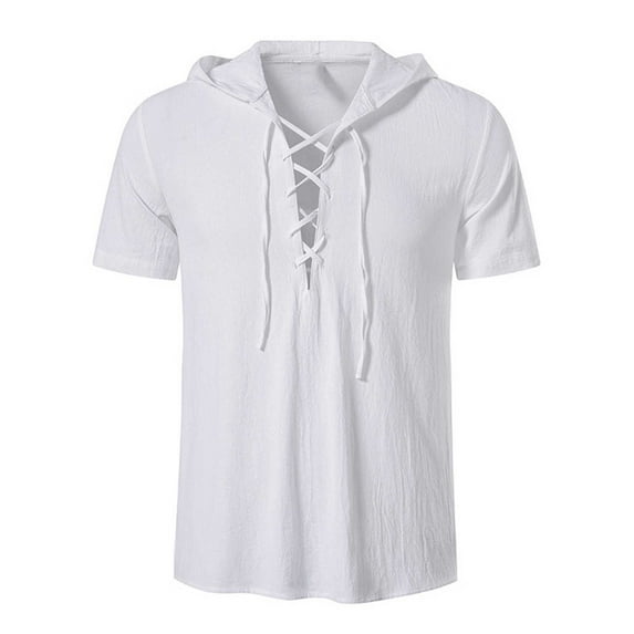 tklpehg Mens T Shirts Slim Tops Basic Tops Casual Short Sleeve Summer Classic Solid Color Shirts Hooded Drawstring Sports T Shirt (White,L)