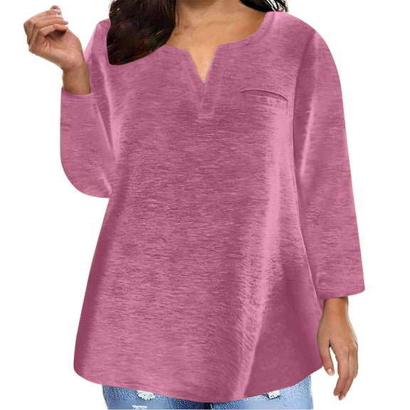 tklpehg Plus Size Casual Tops for Women Lightweight Classic Solid Color Comfy Loose Going Out Tops Long Sleeve Tunic Tops V-Neck Blouses (Pink,XXL)
