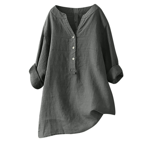 tklpehg Plus Size Tops for Women 3/4 Roll Sleeve Cotton And Linen Tunic Shirts Casual V Neck Button Shirt Solid Color Loose Blouses Gray XXXL