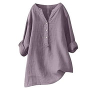tklpehg Plus Size Tops for Women 3/4 Roll Sleeve Cotton And Linen Tunic Shirts Casual V Neck Button Shirt Solid Color Loose Blouses Light Purple XXXL