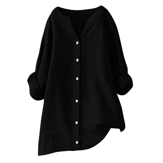 tklpehg Plus Size Tops for Women 3/4 Roll Sleeve Cotton Linen Tunic Shirts Casual V Neck Button Shirt Solid Color Loose Blouses (D_Black,L)