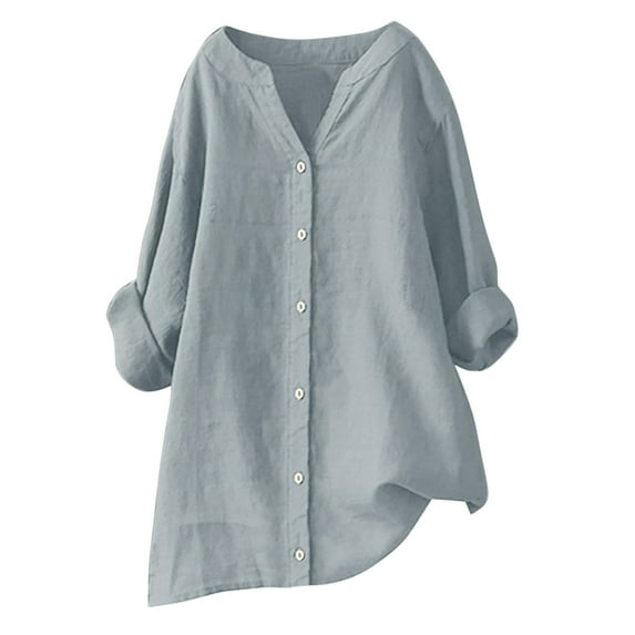 tklpehg Plus Size Tops for Women 3/4 Roll Sleeve Cotton Linen Tunic Shirts Casual V Neck Button Shirt Solid Color Loose Blouses (D_Gray,S)