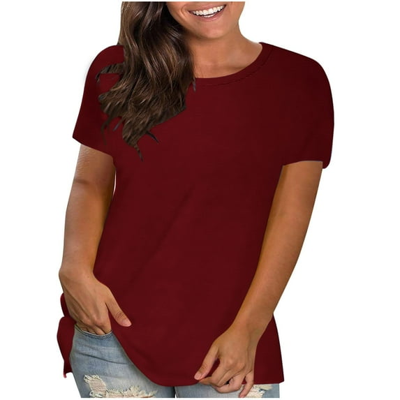 tklpehg Plus Size Tops for Women Summer Short Sleeve T Shirts Casual Round Neck Classic Solid Color Loose Comfy Shirts Blouse (#02_Wine,XXXXL)