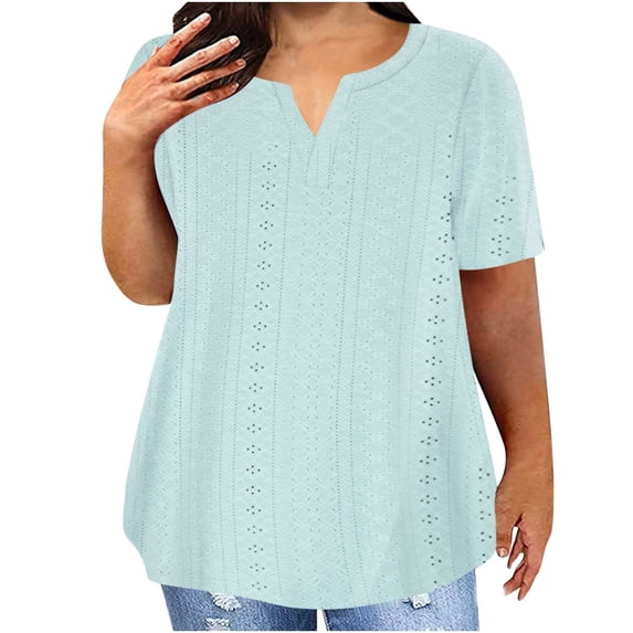 tklpehg Plus Size Womens Tops Summer Short Sleeve T Shirts Casual V Neck Hollow Out Elegant Shirts Classic Solid Color Lightweight Loose Comfy Shirts Blouse (Blue,M)