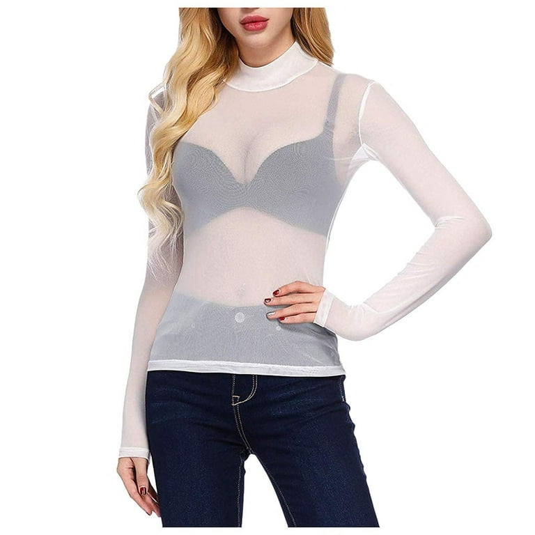 tklpehg Sheer Long Sleeve Tops for Women Casual Hight Neck See-Through  Seamless Arm Shaper Top Slim Solid Color Shirts White S